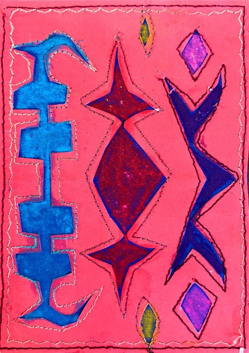 Pomegranate ground with blue shapes at left, a dark red shape in the middle and three shapes at right